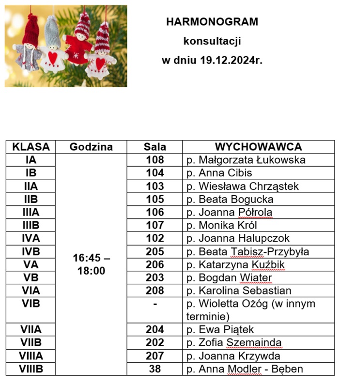 Harmonogram konsultacji w dniu 19.12.2024r.