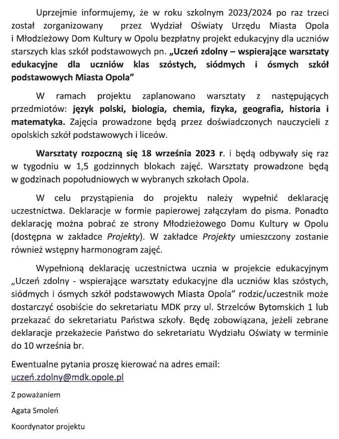 Młodzieżowy Dom Kultury w Opolu informuje